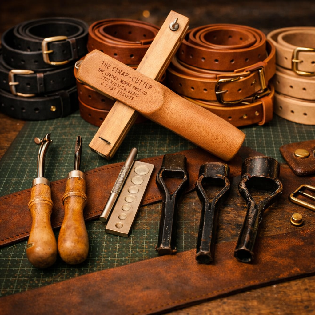 Leathercraft tools and finished leather belts laid out on a cutting mat workbench
