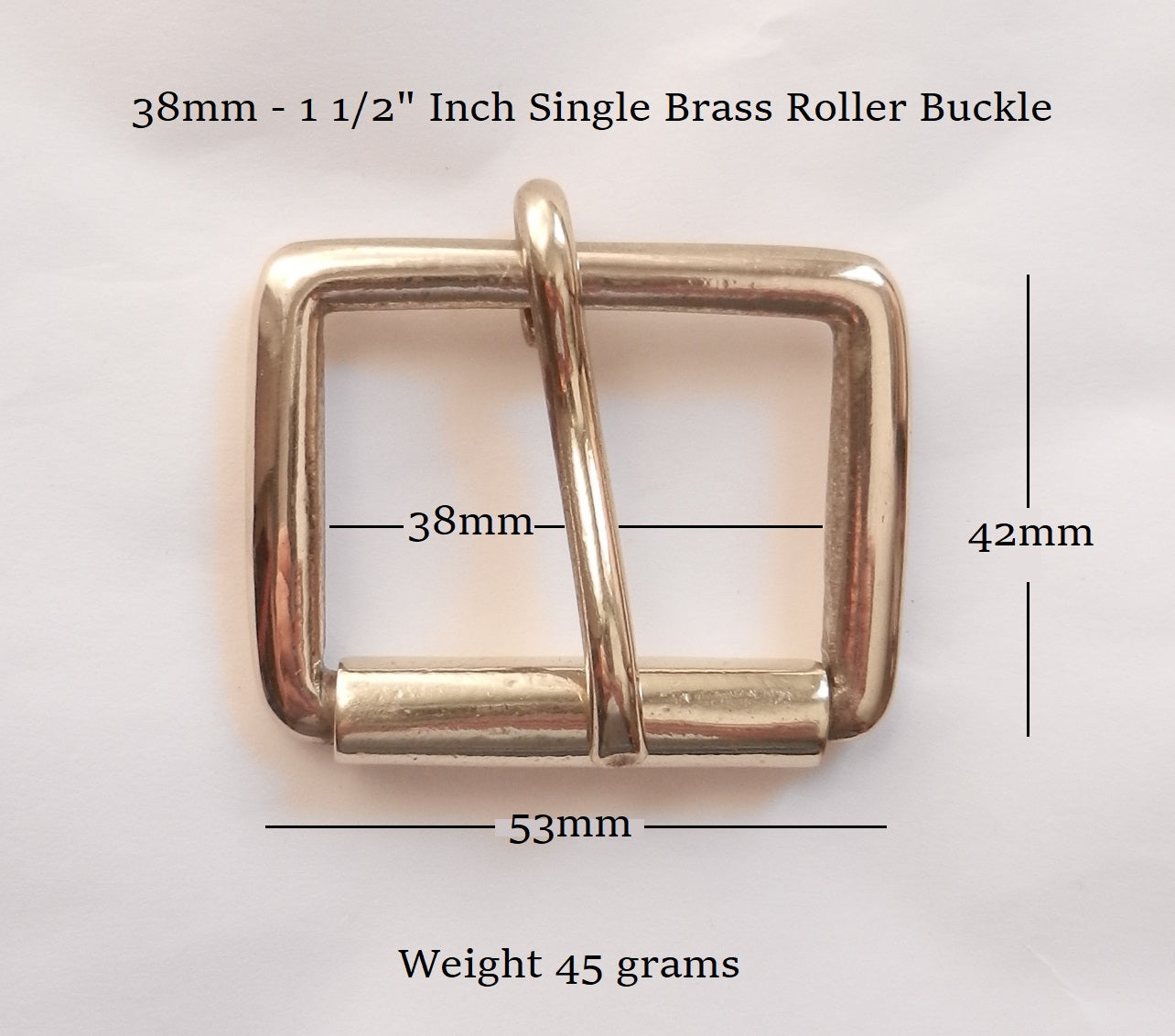 Brass Roller Buckle for a 38mm - 1 1/2" inch wide strap. Simple strong buckle