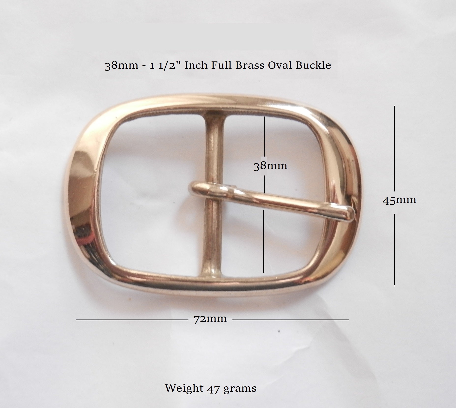 Oval brass buckle. Fine appearance, fits 38mm 1 1/2" inch wide straps