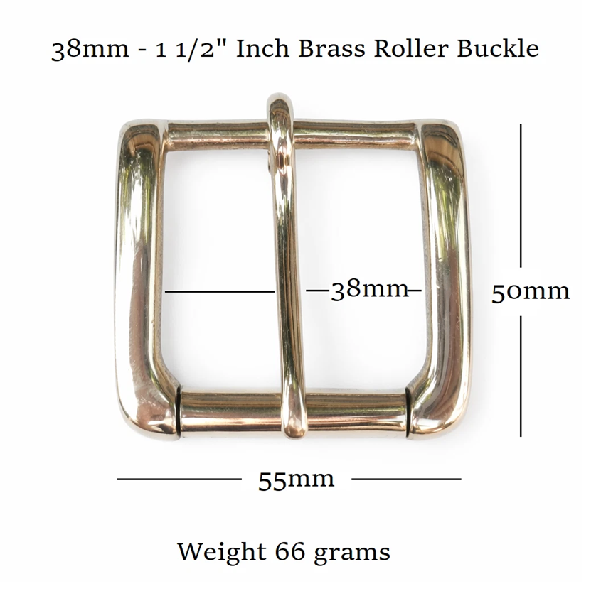 A heavy brass single roller buckle that fits a 38mm - 1 1/2" inch wide strap