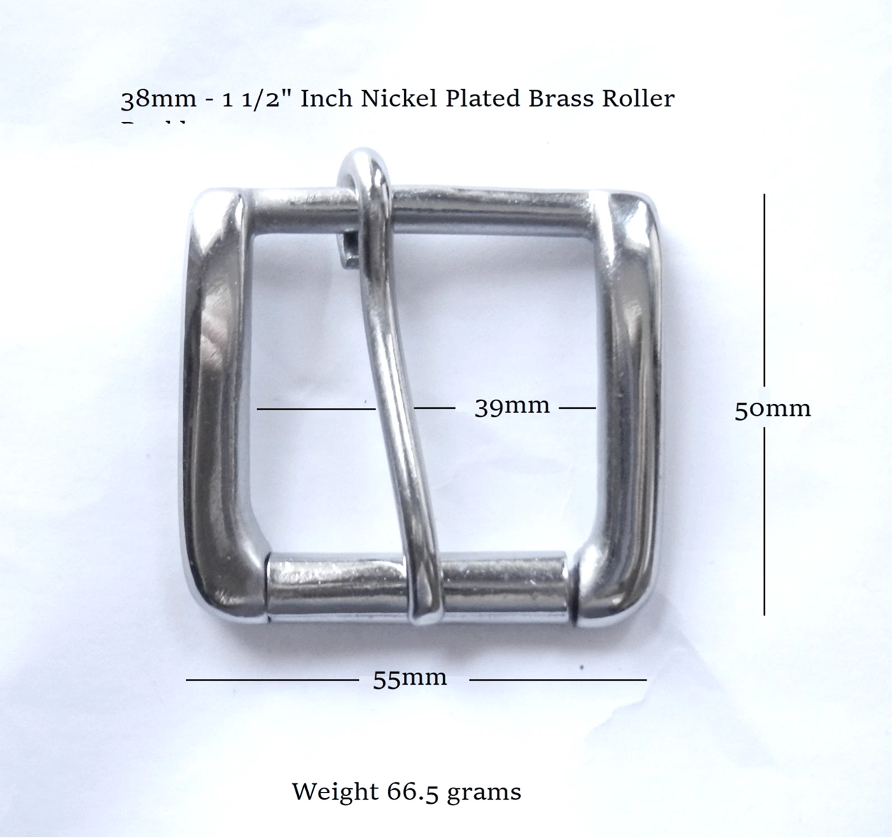 A heavy nickel plated brass roller buckle for a 38mm - 1 1/2" wide strp