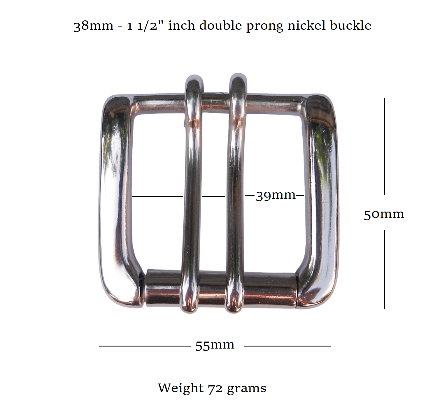 A nickel plated double prong buckle fitting a 38mm - 1 1/2" inch buckle