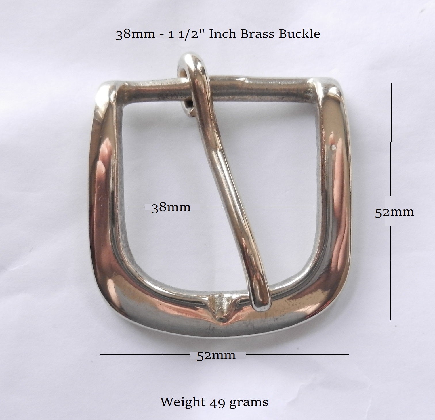 A rounded brass buckle with dimension that fits a 38mm - 1 1/2" inch wide strap
