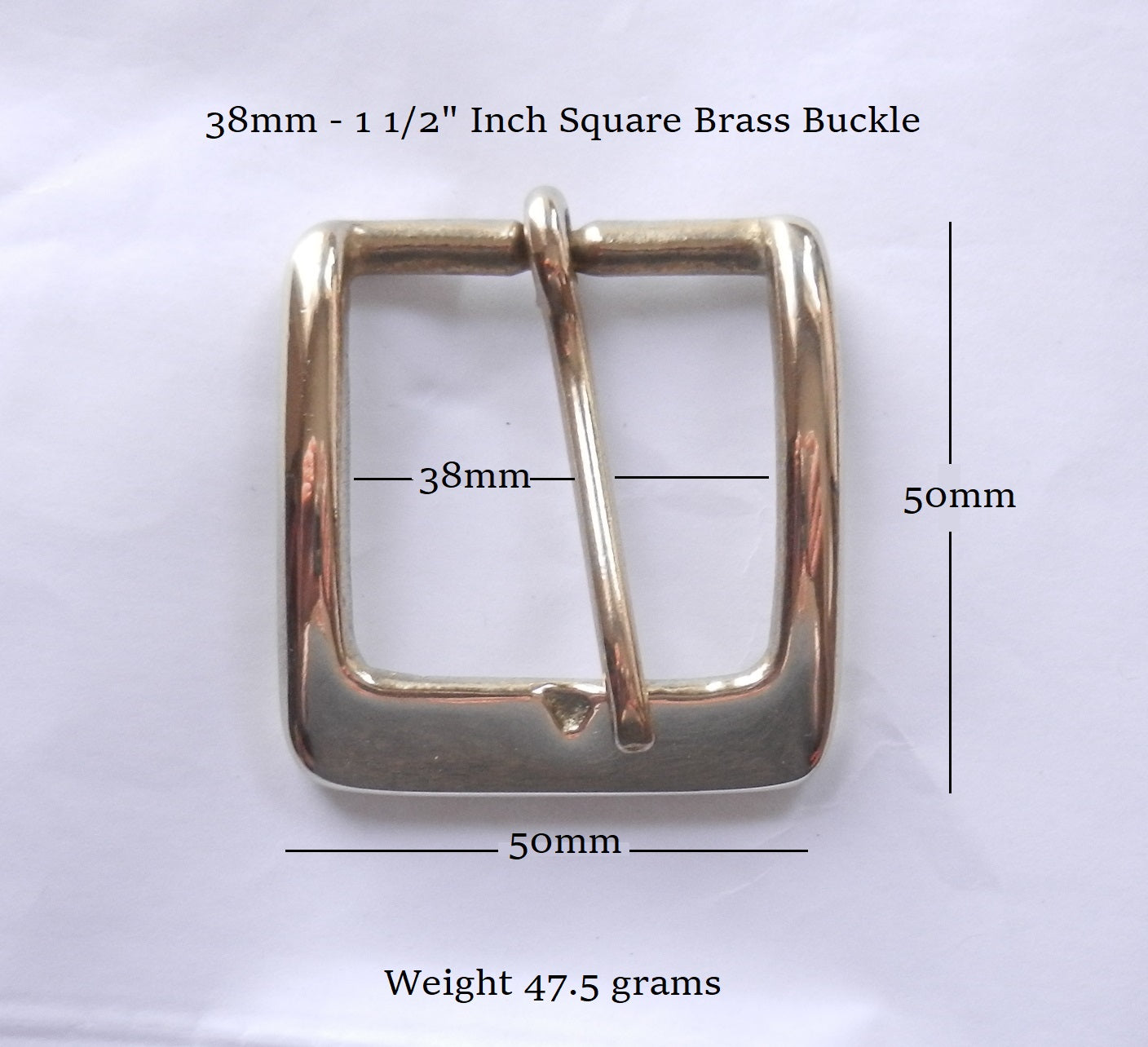 A square brass buckle that fits a 38mm - 1 1/2" inch wide strap