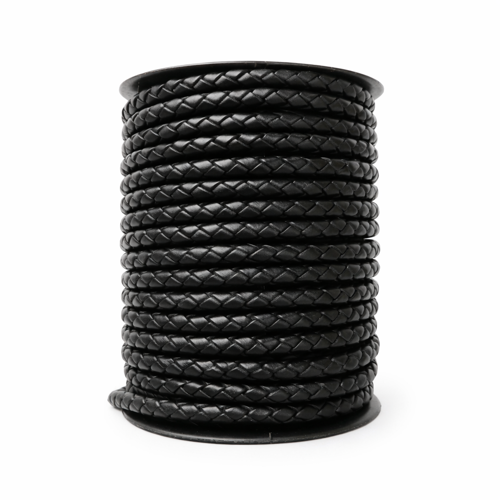 6mm Round Braided Leather Cord, Blac