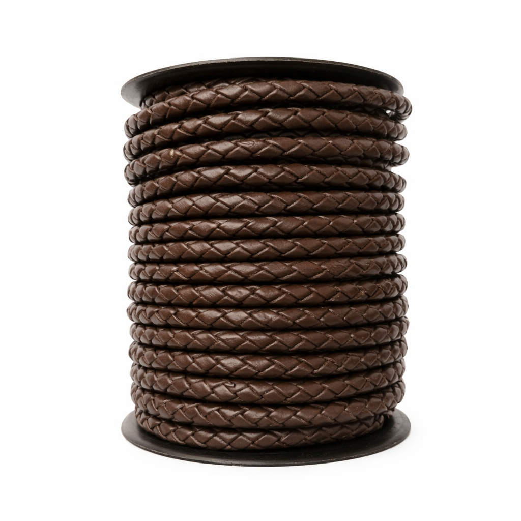 6mm Round Braided Leather Cord, Brown