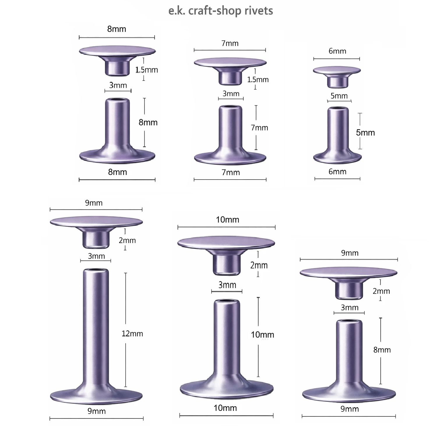 Double Cap Rivets For Leather Size Diagram